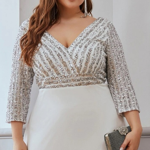 Plus size luxe V neck sequins party formal gown dress - Picture 6 of 8